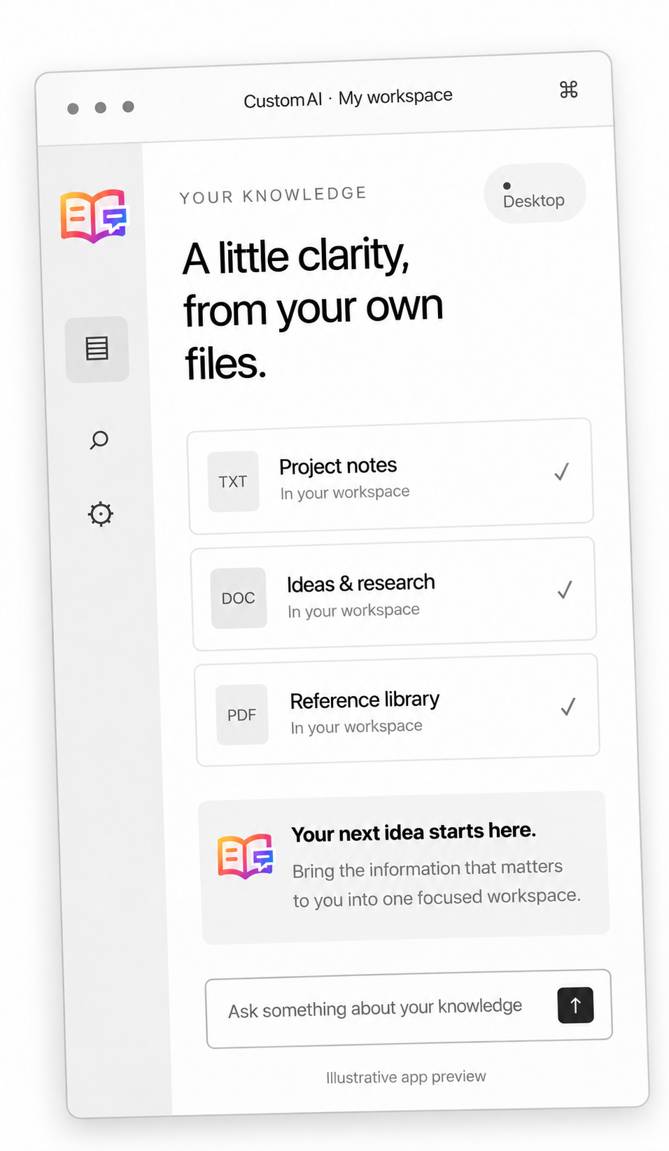 Illustrative Custom AI workspace with colored gradient book icons, a document library, and a question box.